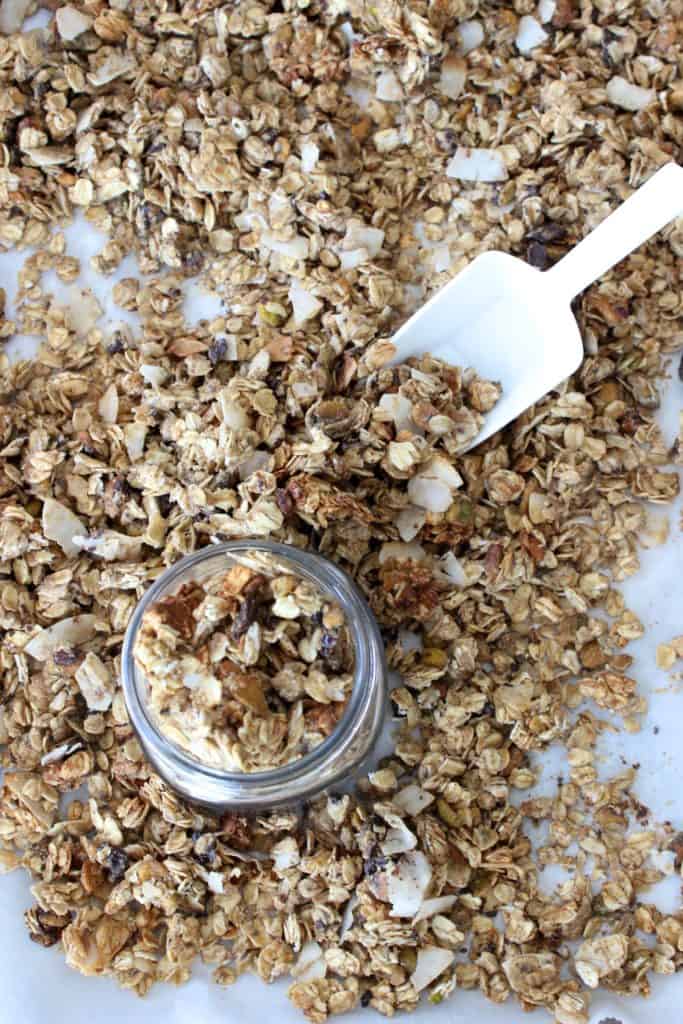 Healthy Homemade Granola- can be made with or without nuts and is an easy on the go breakfast. #granola #allergyfree #homemadegranola #nutfree frostingandfettuccine.com