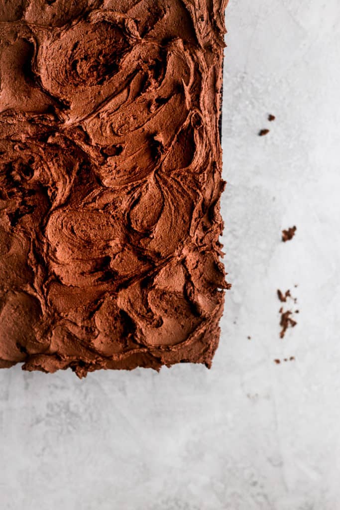 Swirls of chocolate buttercream on a moist chocolate cake.