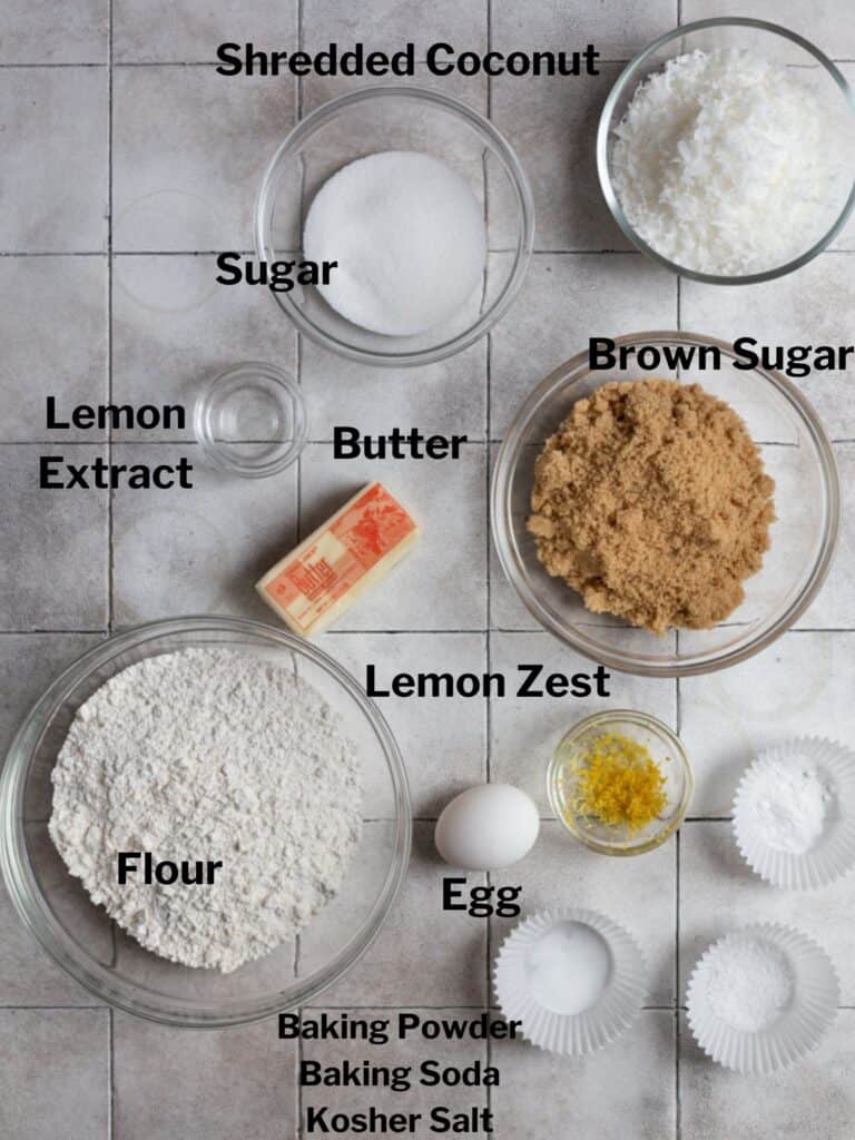 ingredients for chewy lemon and coconut cookies