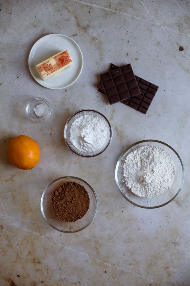 Ingredients for chocolate orange cookies.