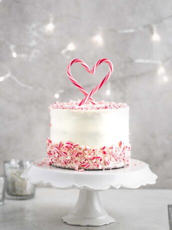 A peppermint cake on a white cake stand surrounded by fairy lights.
