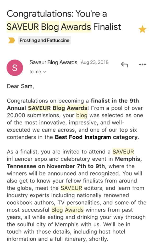 An congratulations email from Saveur Magazine