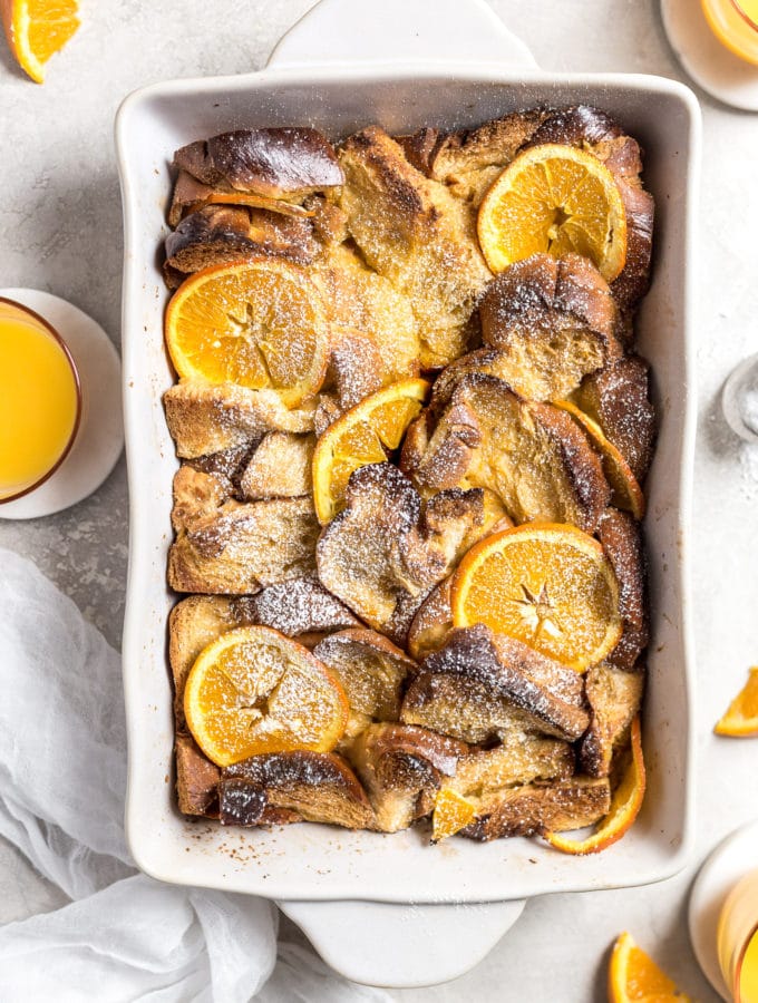 Confectioners sugar topped challah French toast casserole