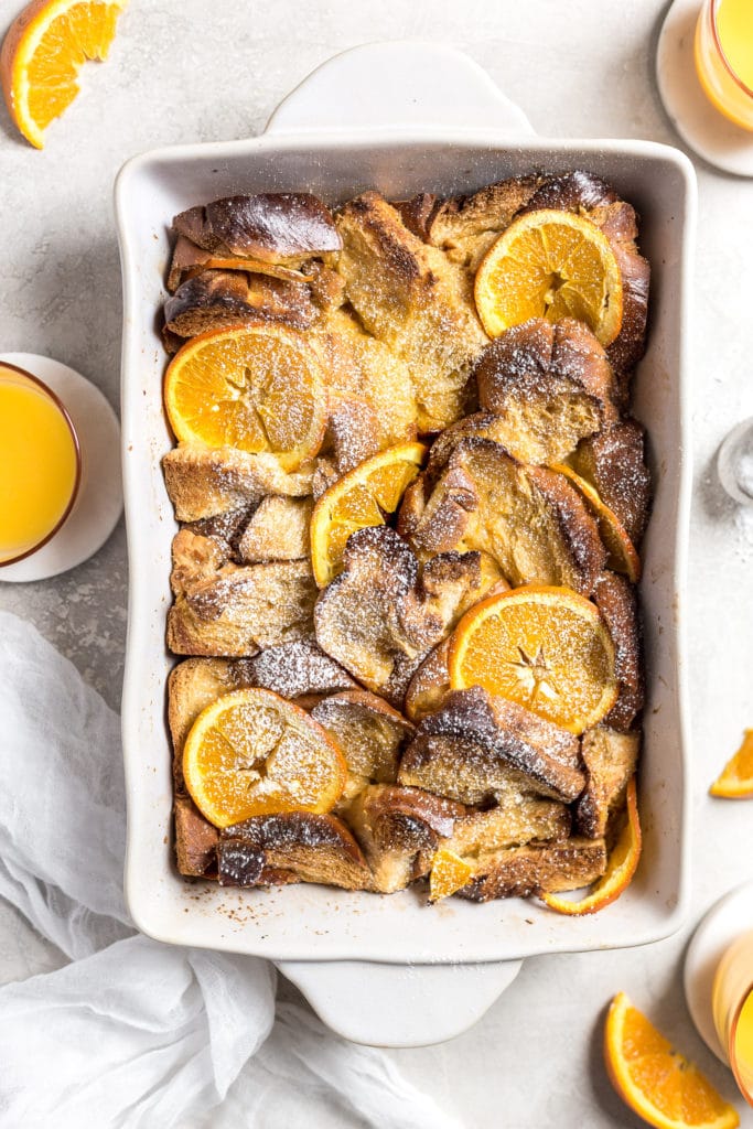 Confectioners sugar topped challah French toast casserole