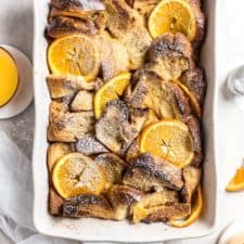 Confectioners sugar topped challah French toast casserole