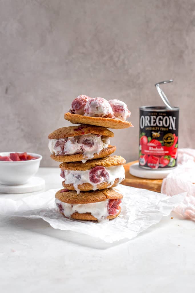 Rhubarb ice cream sandwiches stacked on top of each other.