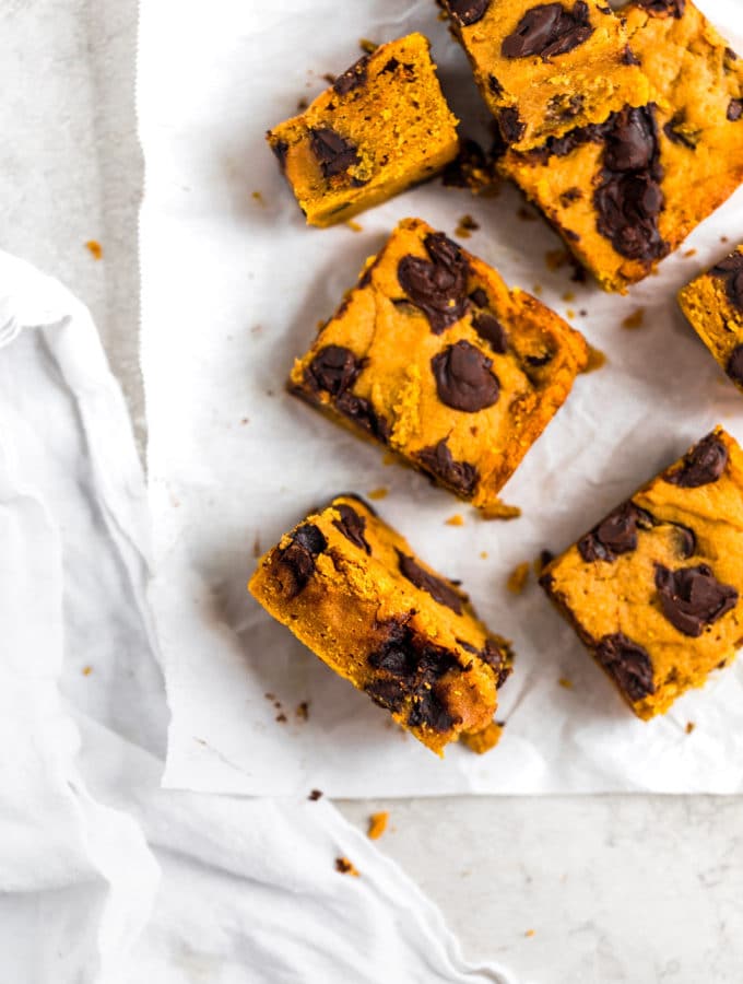 Pumpkin bars with chocolate chunks laid out on parchment paper