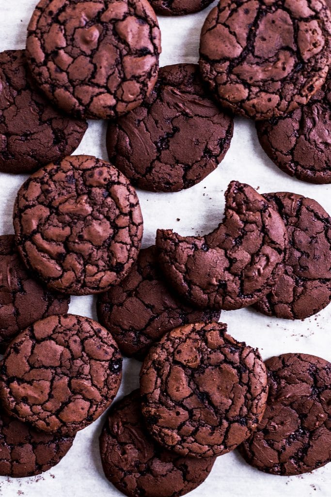 Chocolate brownie cookies on parchment paper 