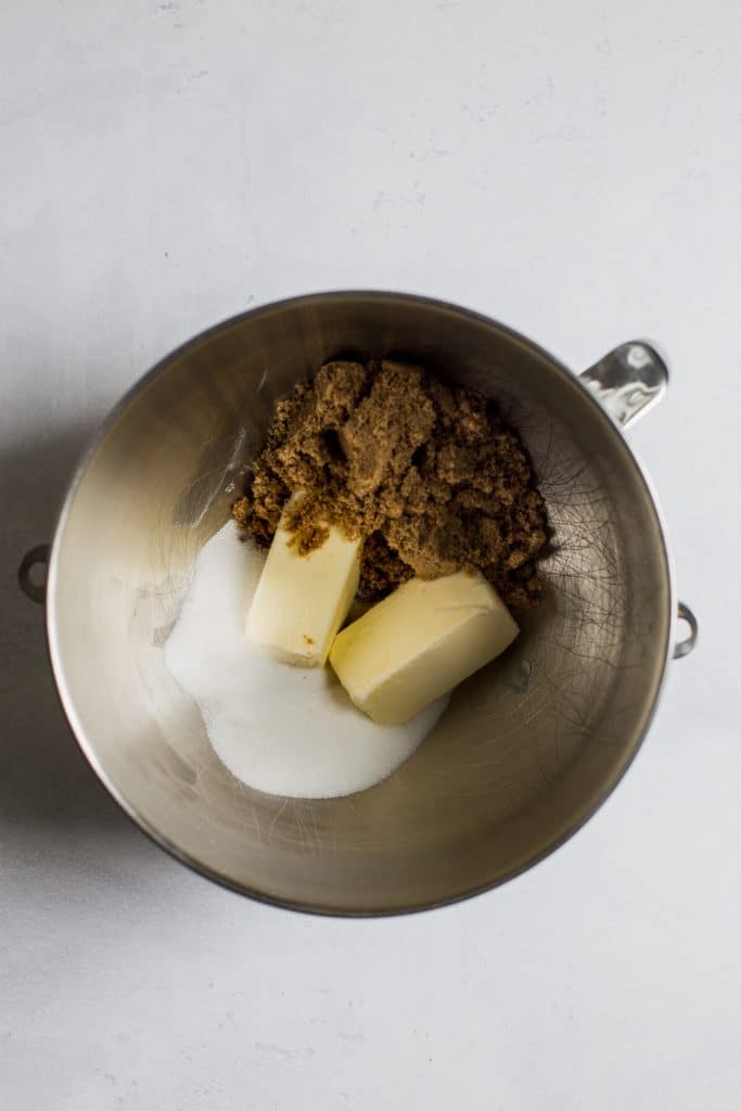 butter, granulated sugar, and brown sugar in a stand mixer bowl