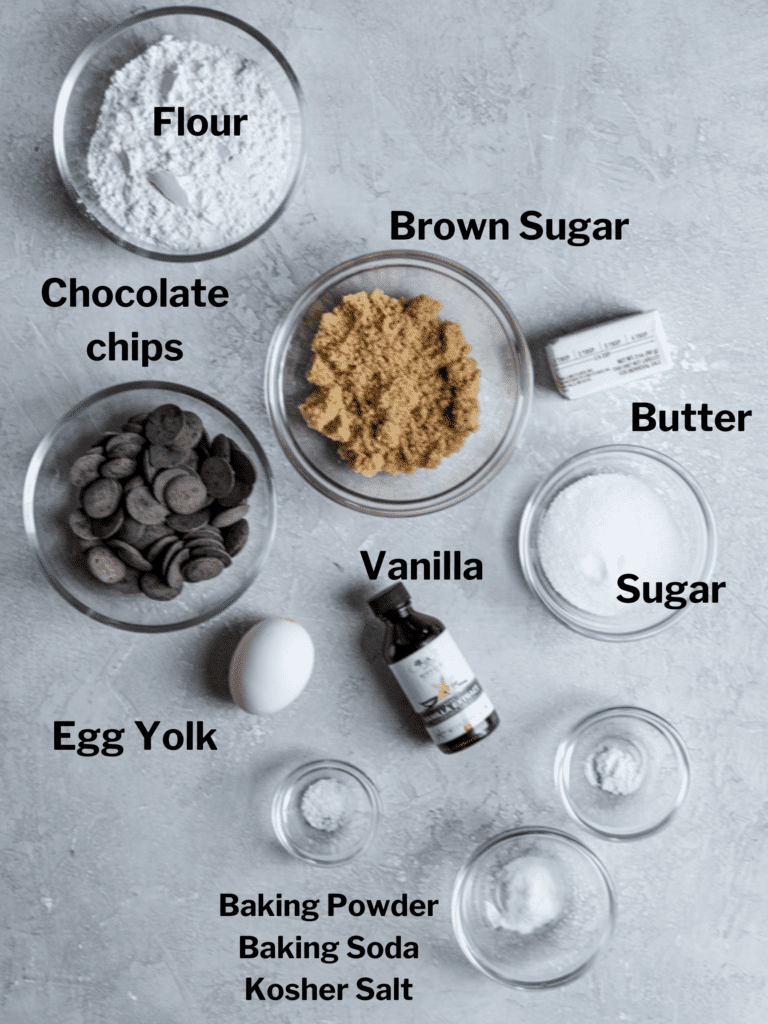 Ingredients for small batch chocolate chip cookies.