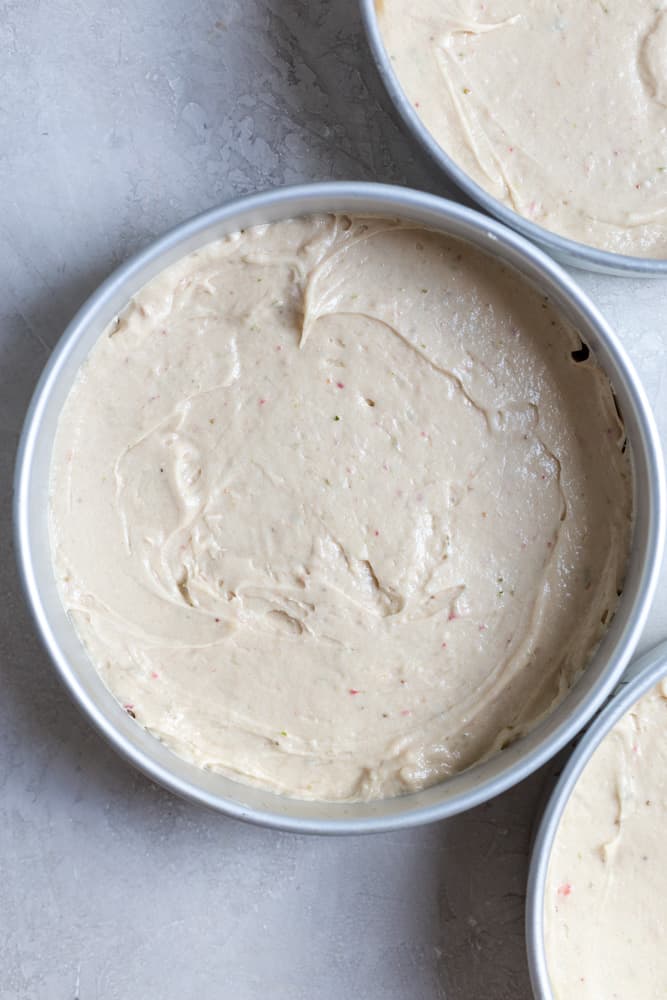 A baking pan filled with white cake batter