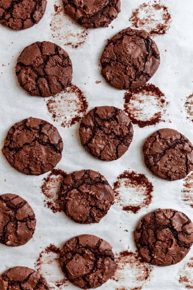 Chocolate brownie cookies with shiny crinkly tops.