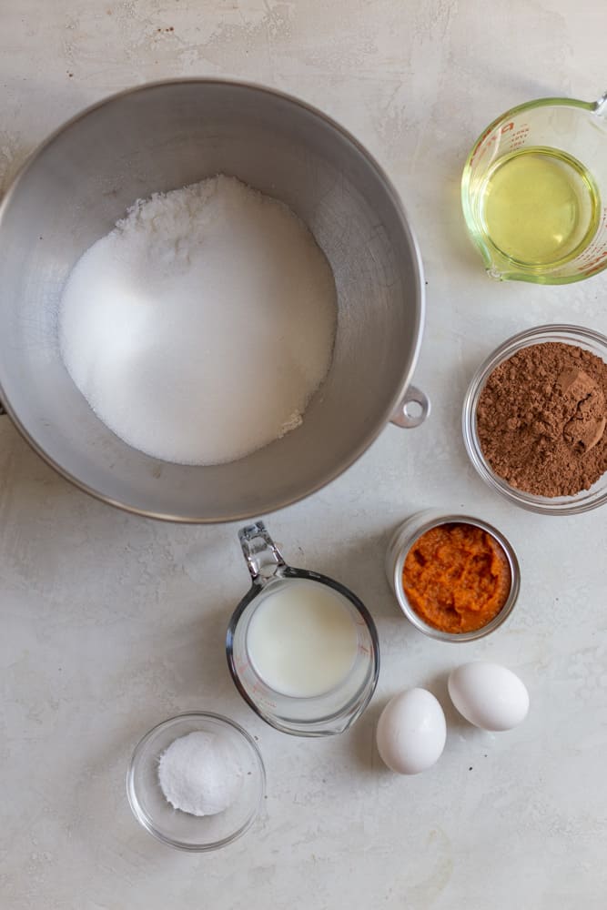 Ingredients for a chocolate pumpkin cake.