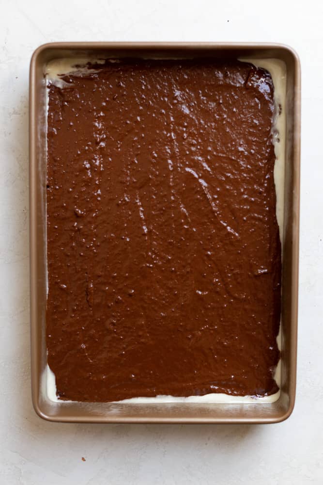 chocolate cake batter in a 9x13 pan