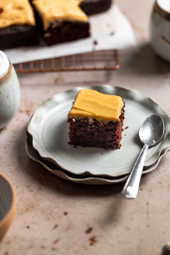 Easy & Moist Chocolate Pumpkin Sheet Cake - Frosting and Fettuccine