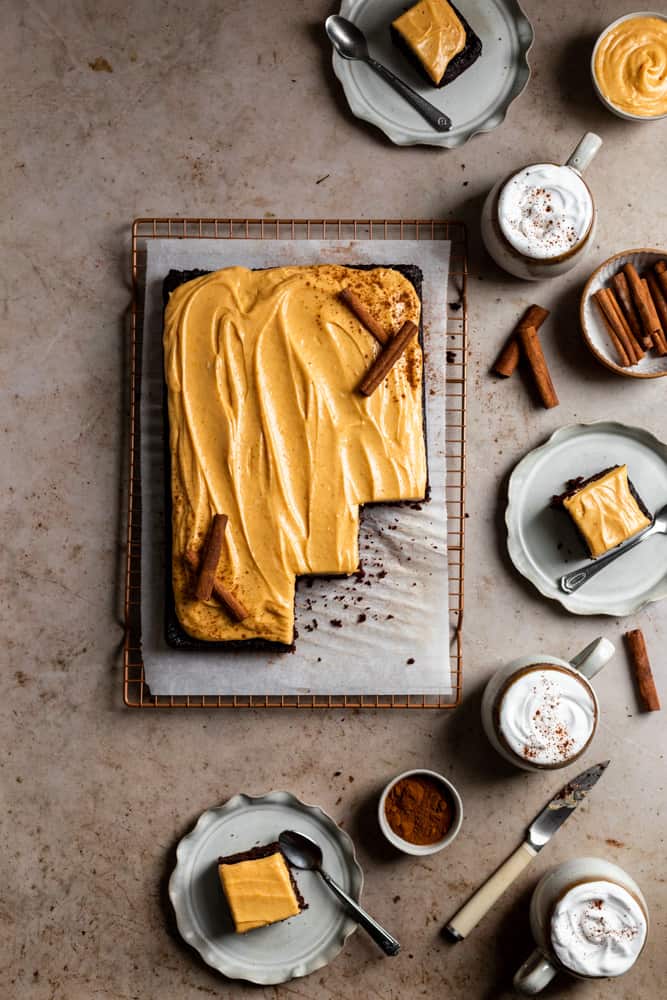 Easy & Moist Chocolate Pumpkin Sheet Cake - Frosting and Fettuccine