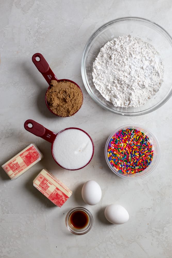 Ingredients for a funfetti cookie recipe