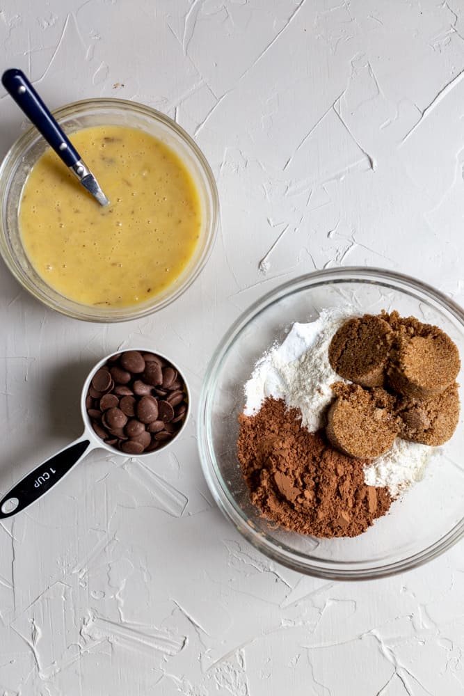 Ingredients for chocolate banana muffins.