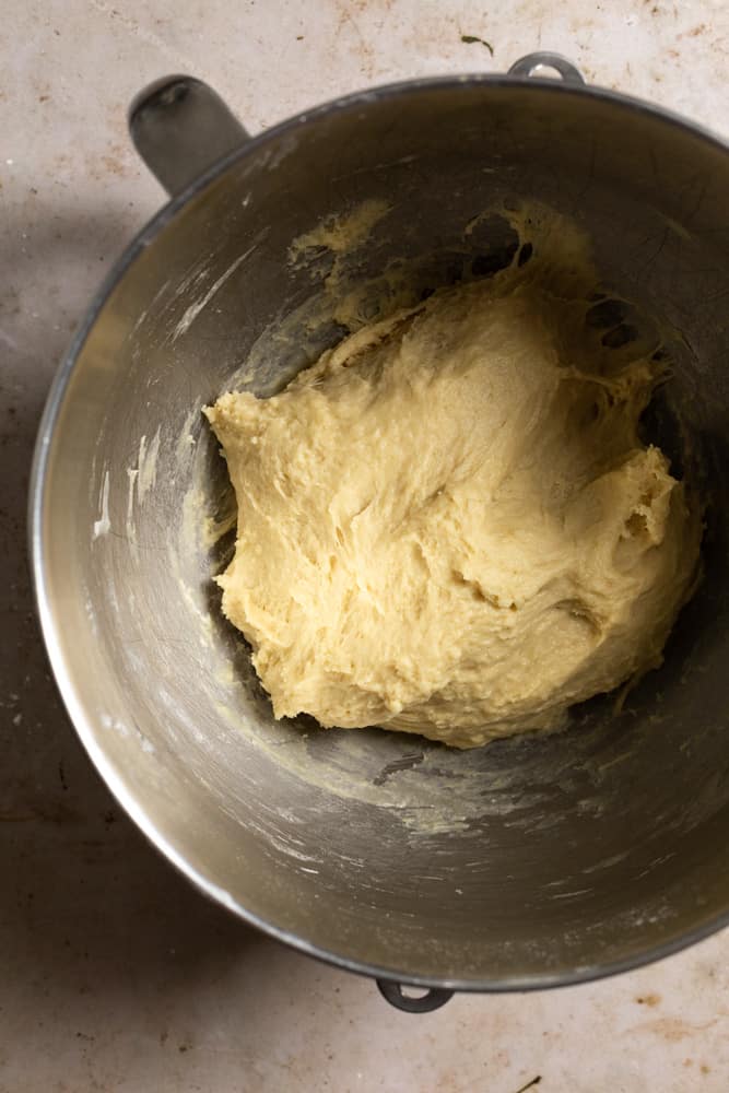 challah dough in a mixing bowl