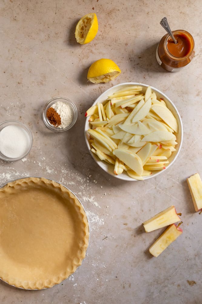Ingredients for salted caramel apple pie.