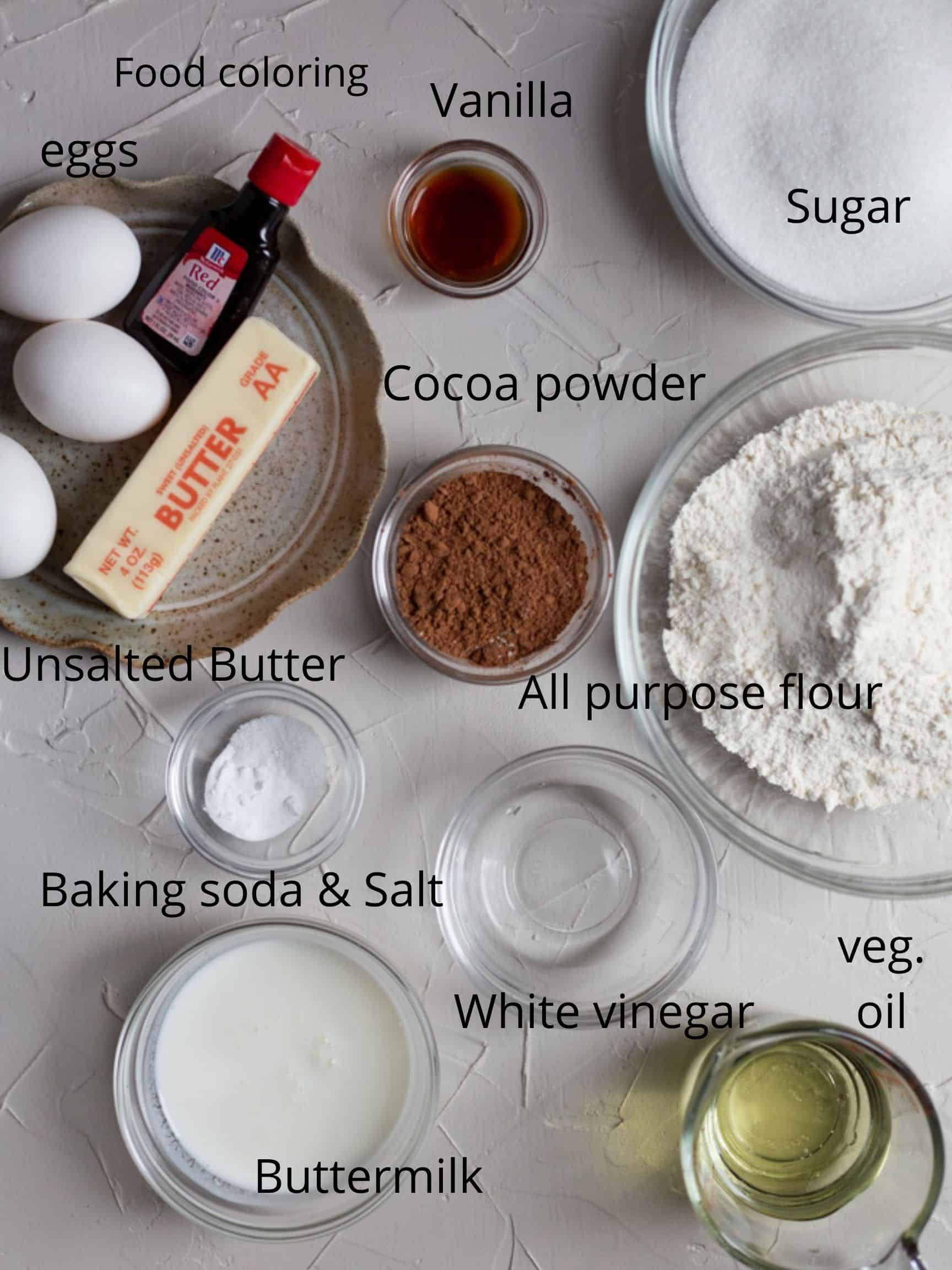 Ingredients for a red velvet bundt cake recipe 