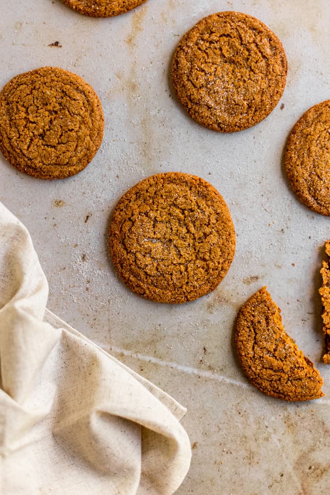 Gingersnap cookies on laid out on a marbelized surface