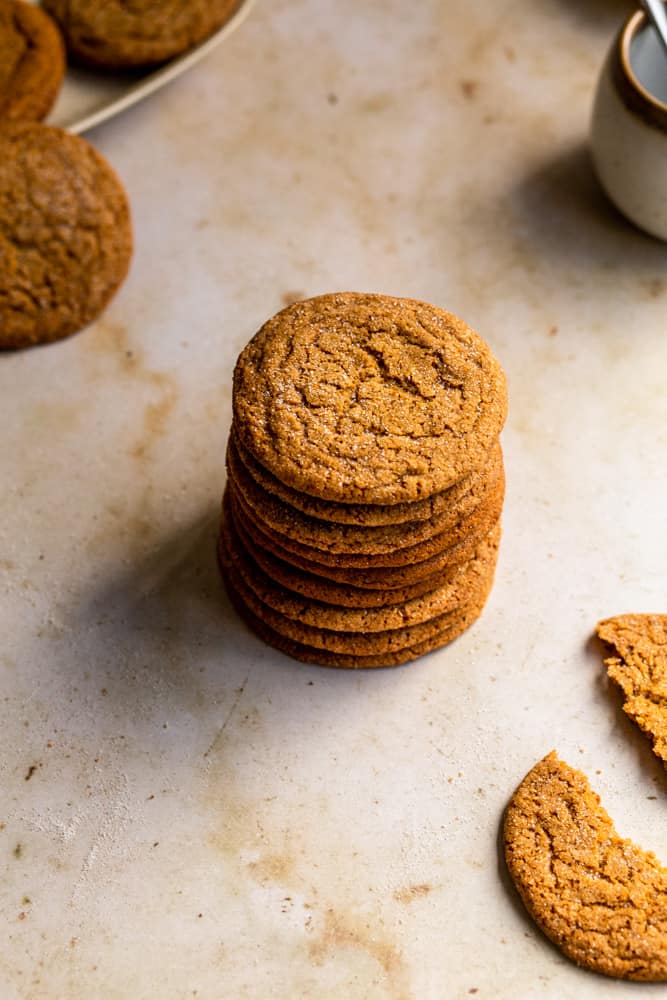 A stack of cookies on a marbleized background