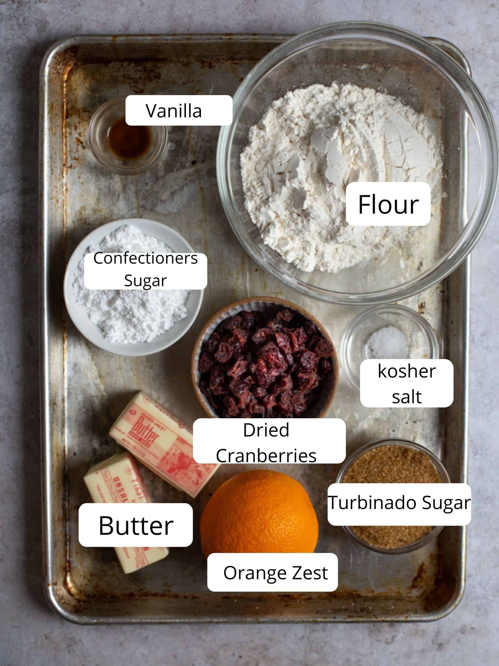 Ingredients for cranberry orange shortbread cookies
