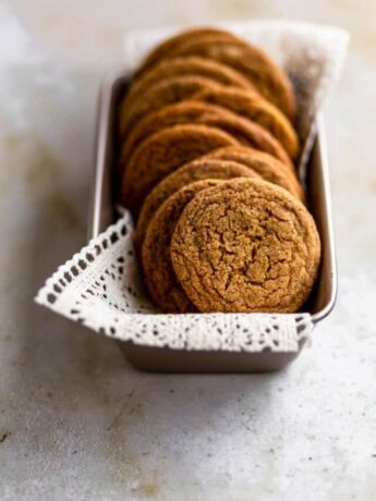 cookies in a loaf pan lines with eyelet fabric