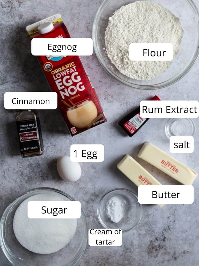 Ingredients for eggnog snickerdoodle cookies