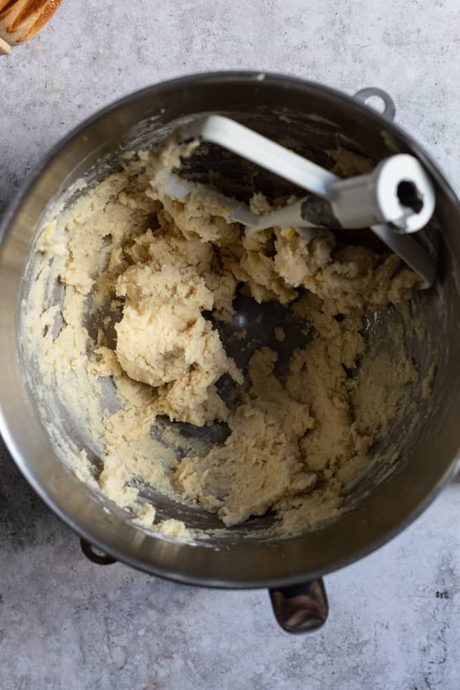 Cookie batter in a mixing bowl