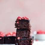 Strawberry brownies stacked on top of each other