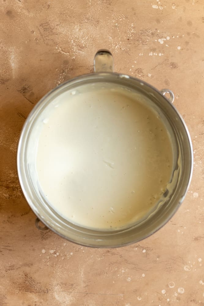 Cheesecake batter in a mixing bowl