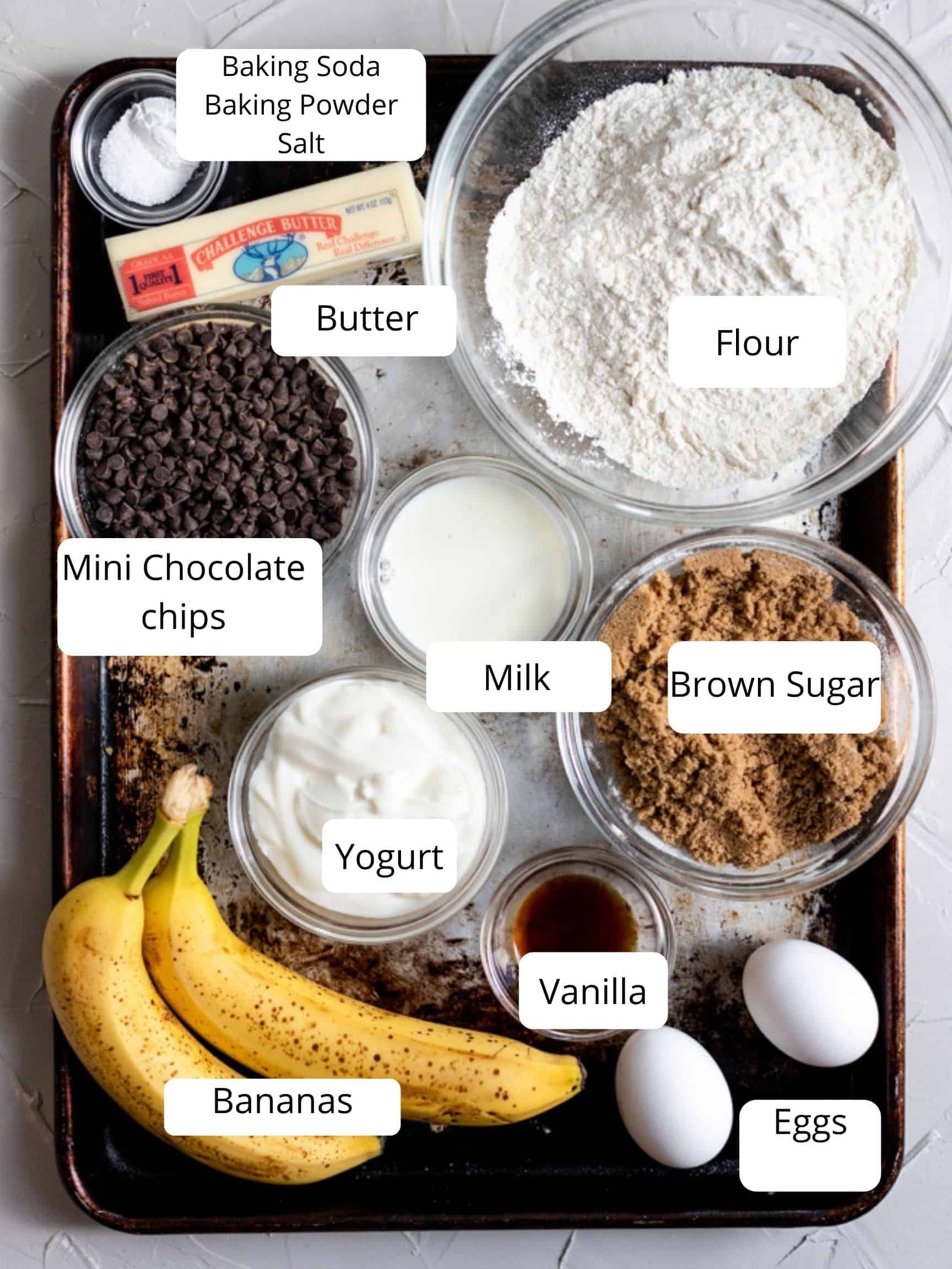 ingredients for chocolate chip banana muffins 