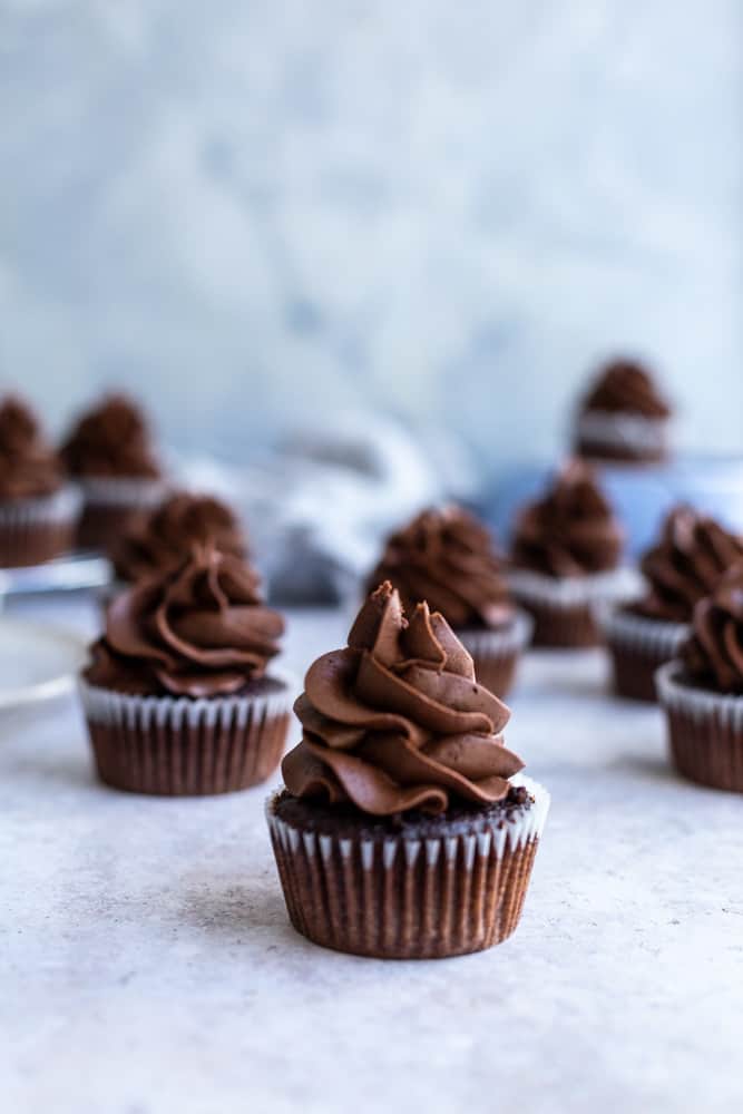 Chocolate cupcakes topped with chocolate buttercream aligned on a blue gray backdrop