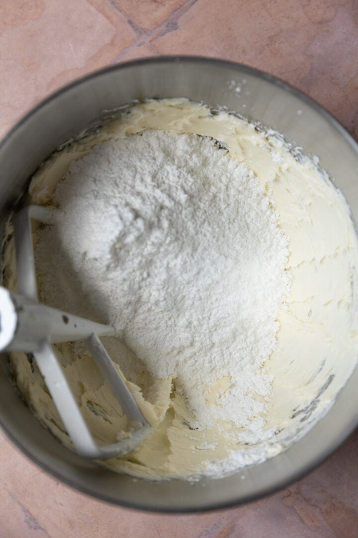 Powdered sugar added to creamed butter and cream cheese