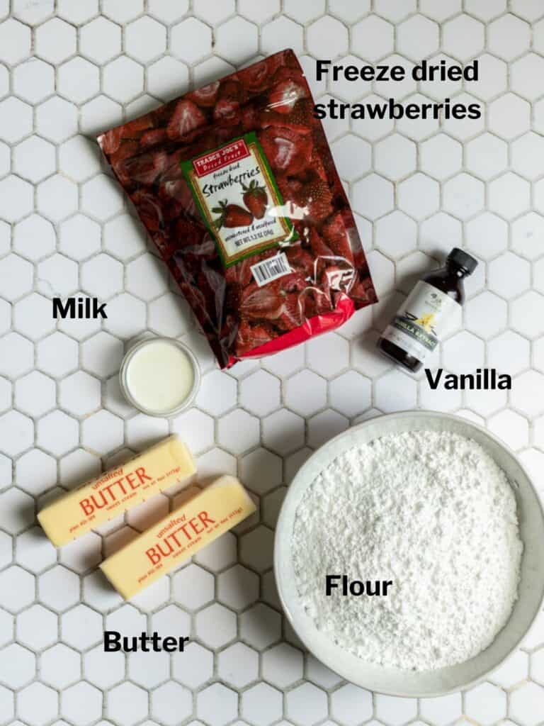 Ingredients for strawberry buttercream frosting