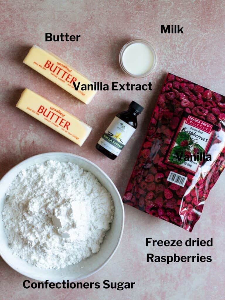 Ingredients for raspberry buttercream frosting 
