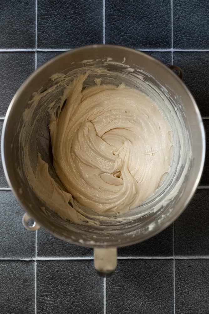 Cupcake batter in a stainless steel bowl