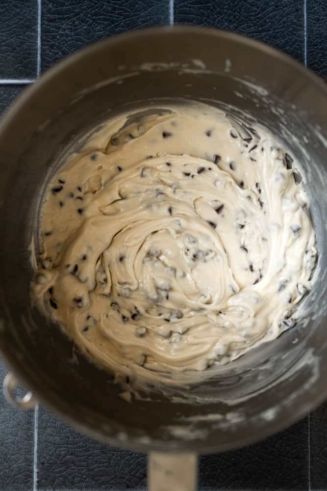 Batter with mini chocolate chips added