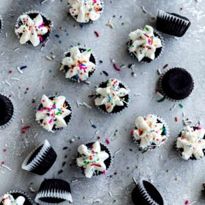 A dozen mini chocolate cupcakes frosted with vanilla frosting and sprinkles on a gray surface