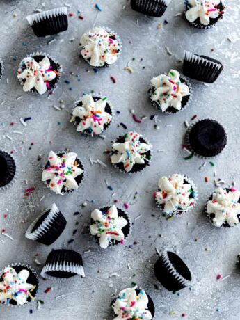 A dozen mini chocolate cupcakes frosted with vanilla frosting and sprinkles on a gray surface