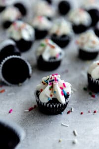 A mini chocolate chip cupcake frosted with vanilla and sprinkles on a gray surface