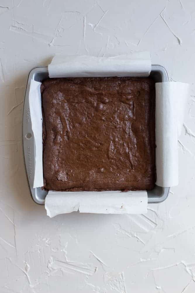 Baked brownies in a pan.