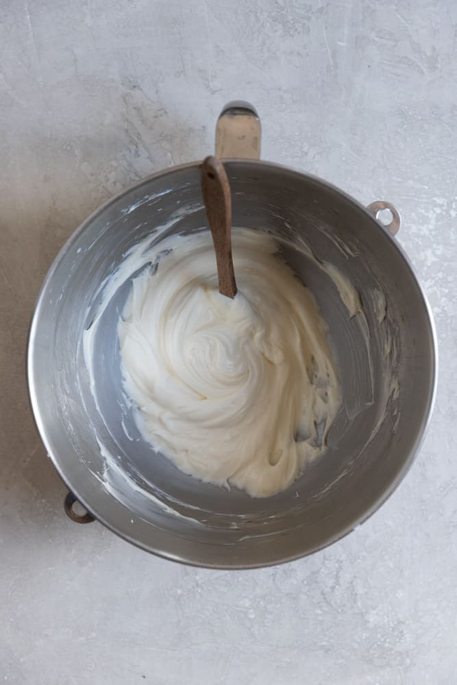 Cream cheese topping for brownies in a mixer bowl
