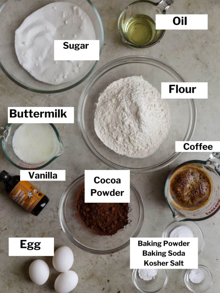 Ingredients for a chocolate cake with sprinkles.