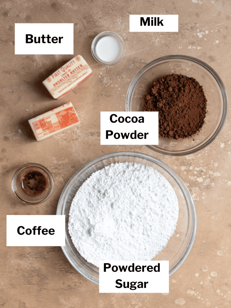 Ingredients for chocolate buttercream frosting.