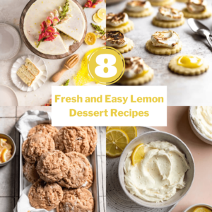 A grid of 4 lemon desserts in one photo. Lemon poppyseed cake, lemon meringue cookies, lemon coconut cookies, and lemon buttercream frosting.