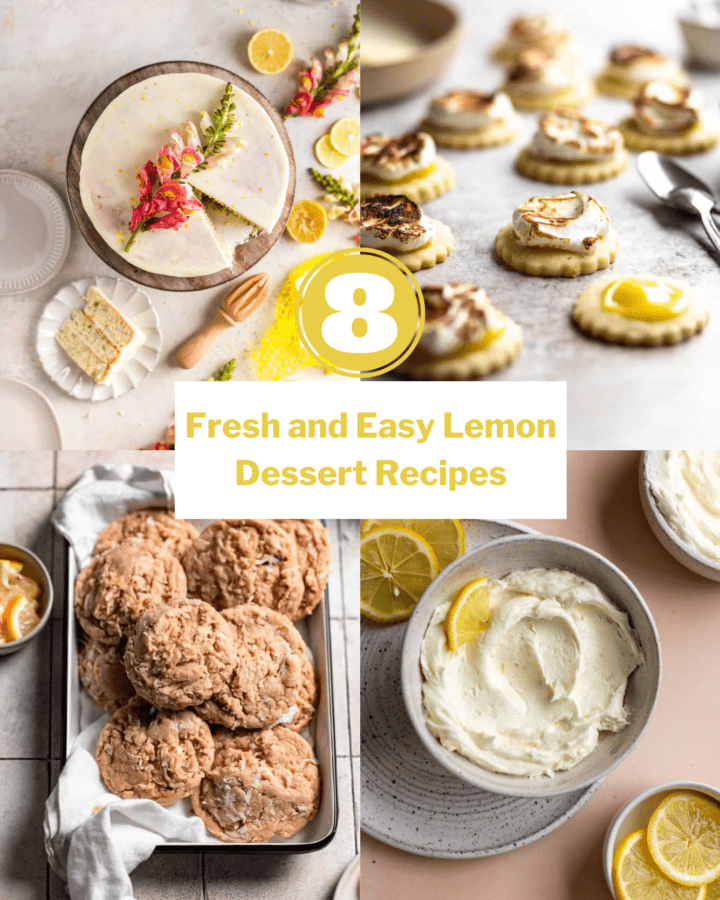 A grid of 4 lemon desserts in one photo. Lemon poppyseed cake, lemon meringue cookies, lemon coconut cookies, and lemon buttercream frosting.