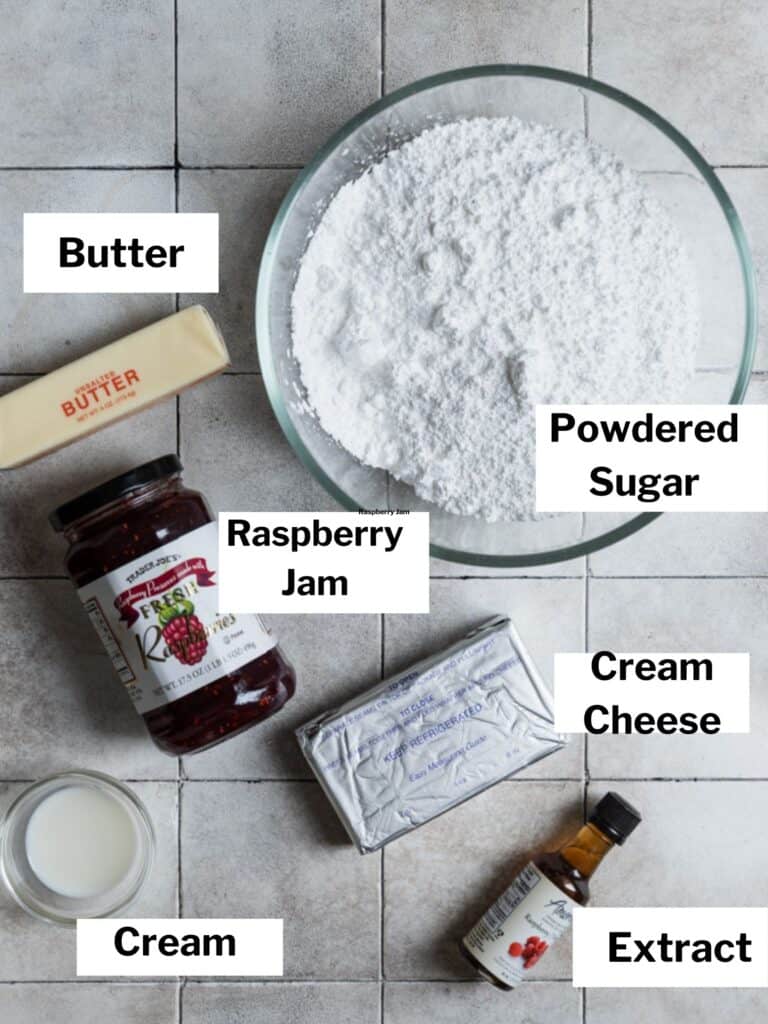 Ingredients for raspberry cream cheese frosting.